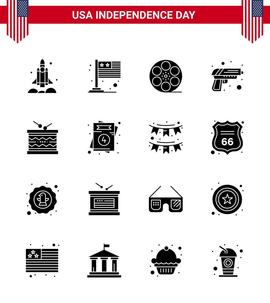 paquete de iconos de vectores de stock del día americano 16 signos y símbolos de glifos sólidos para el ejército de tambores seguridad de EE. UU. Elementos de diseño de vectores editables del día de EE. UU.