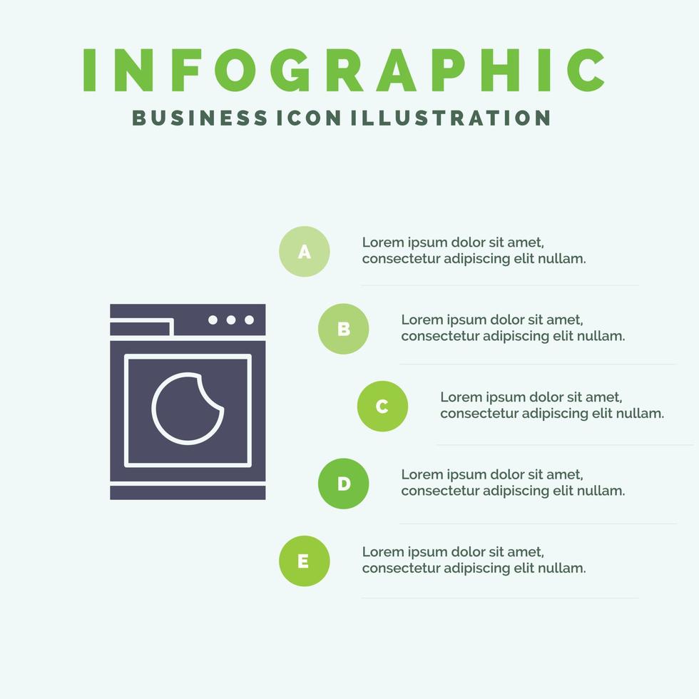 cocina máquina lavar limpio sólido icono infografía 5 pasos presentación antecedentes vector