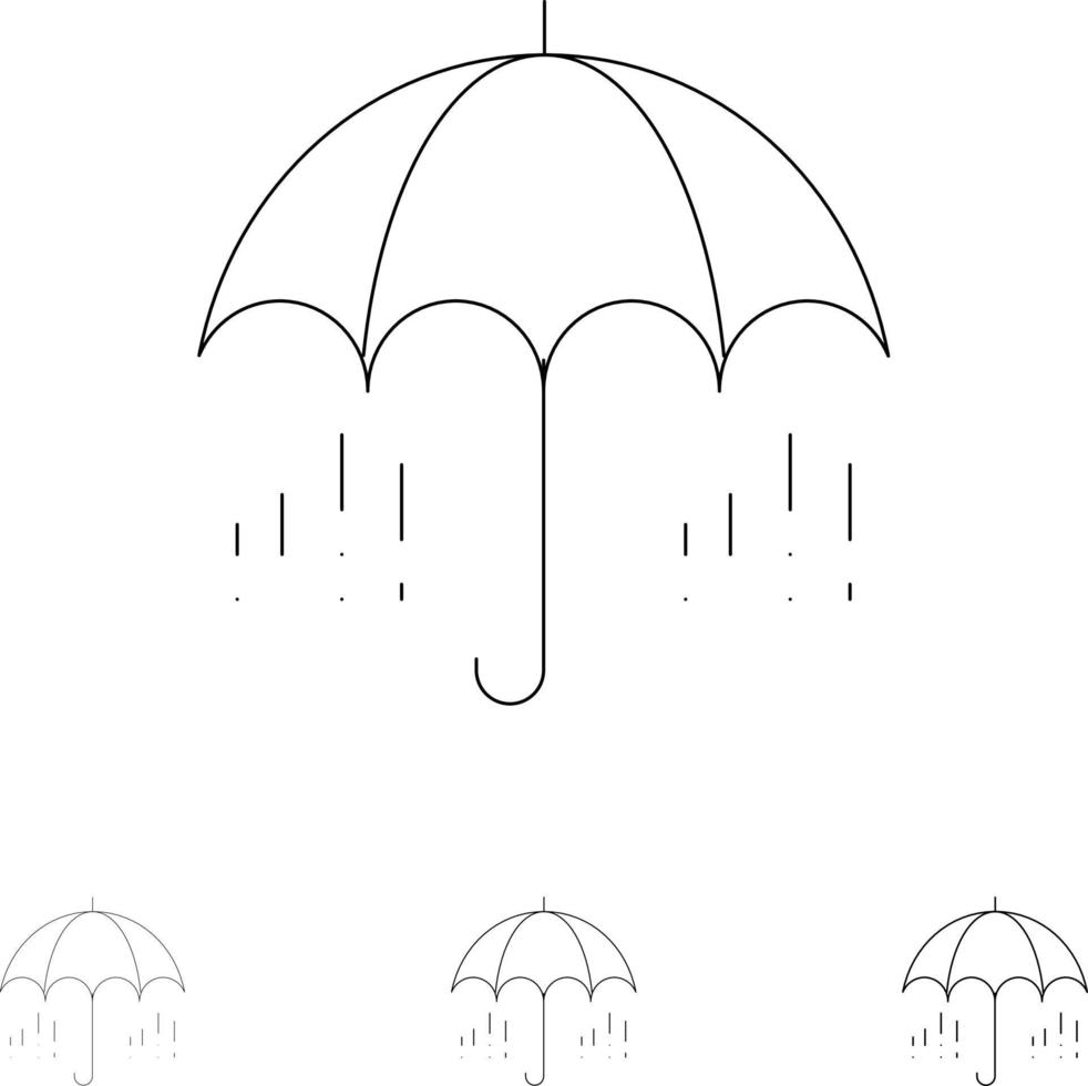 paraguas lluvia tiempo primavera audaz y delgada línea negra conjunto de iconos vector