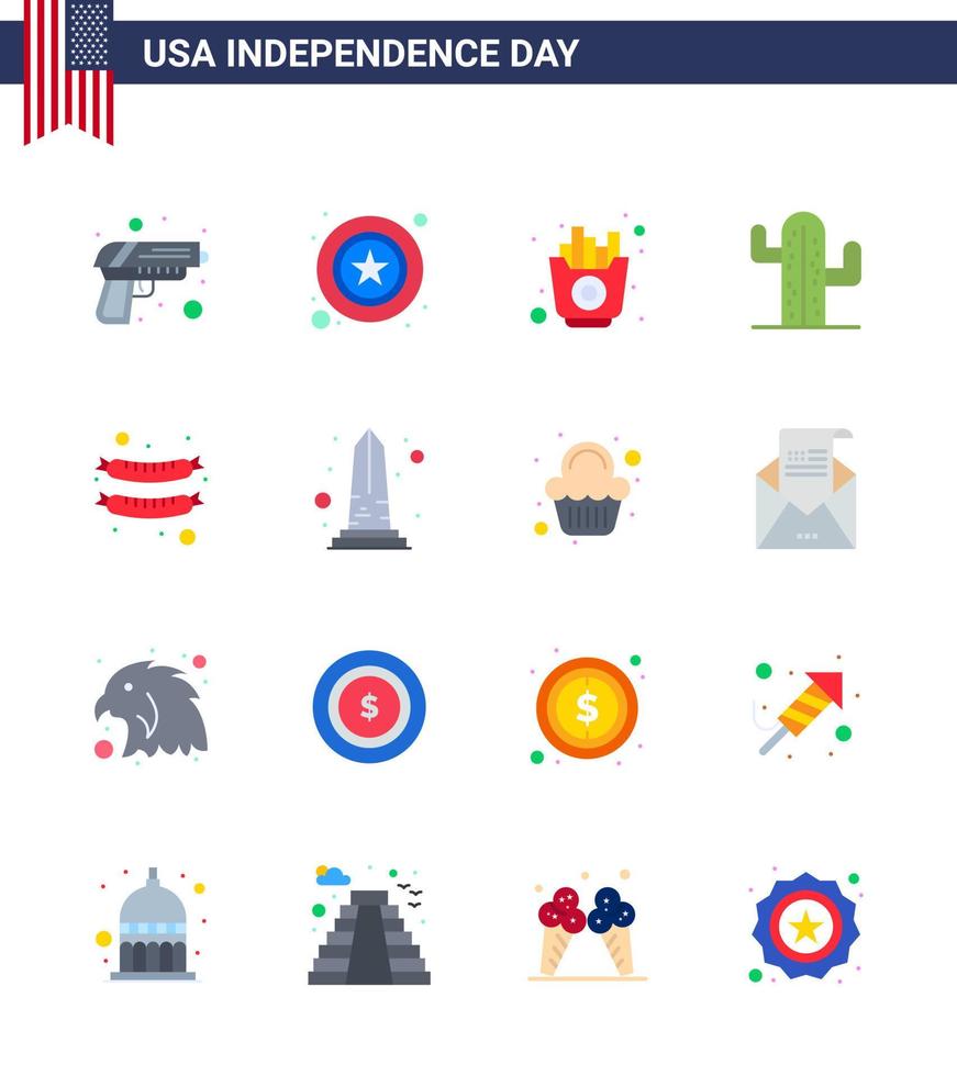 Set of 16 Vector Flats on 4th July USA Independence Day such as frankfurter american fast plent cactus Editable USA Day Vector Design Elements