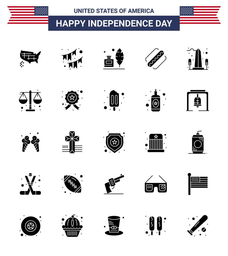 USA Happy Independence DayPictogram Set of 25 Simple Solid Glyph of landmark hotdog garland american american Editable USA Day Vector Design Elements