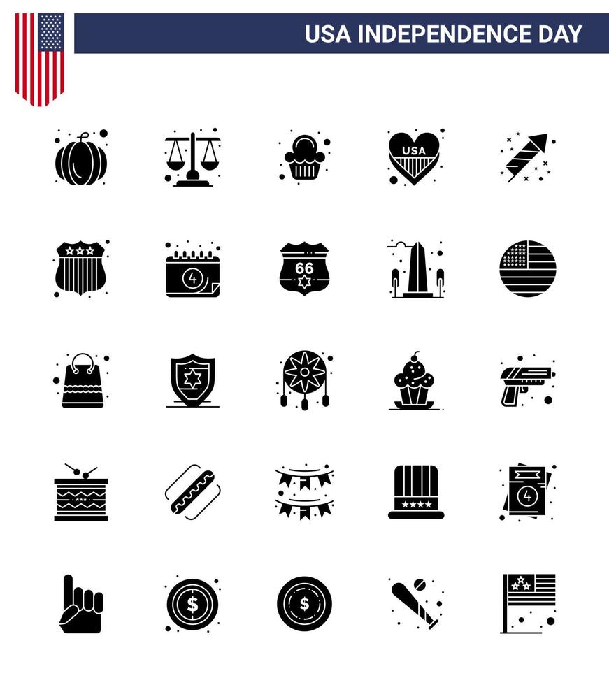 4 de julio usa feliz día de la independencia icono símbolos grupo de 25 glifo sólido moderno de fuegos artificiales celebración fiesta usa corazón editable usa día vector elementos de diseño