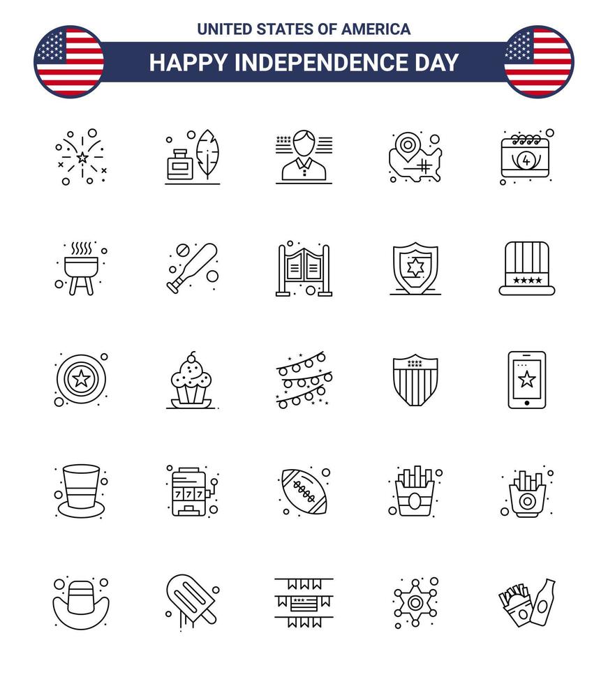 feliz día de la independencia paquete de iconos de 25 líneas para web e impresión calendario ubicación pin man wisconsin estados elementos de diseño de vector de día de estados unidos editables