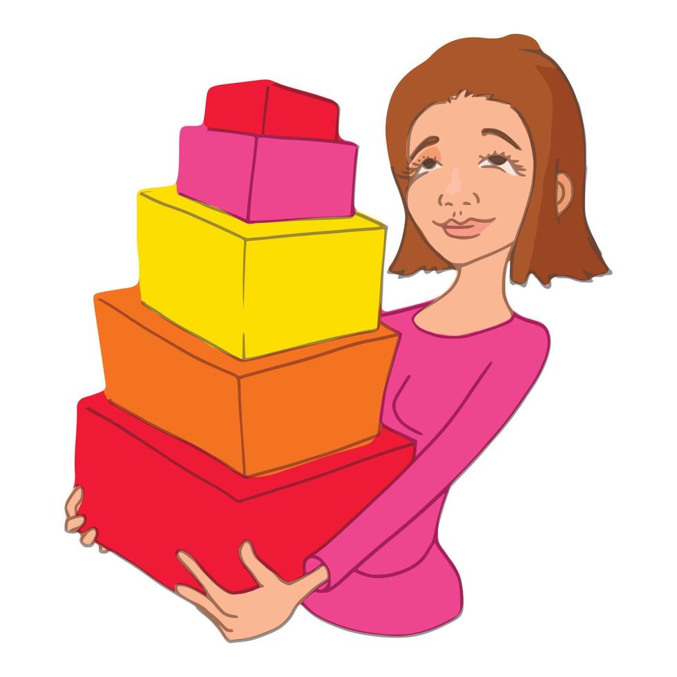 Girl with purchases icon, cartoon style vector