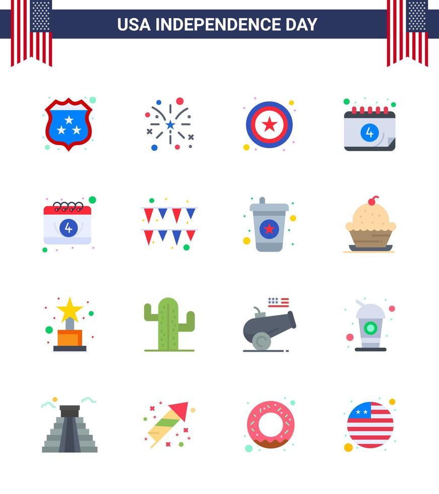 Set of 16 Modern Flats pack on USA Independence Day paper festival police day calendar Editable USA Day Vector Design Elements