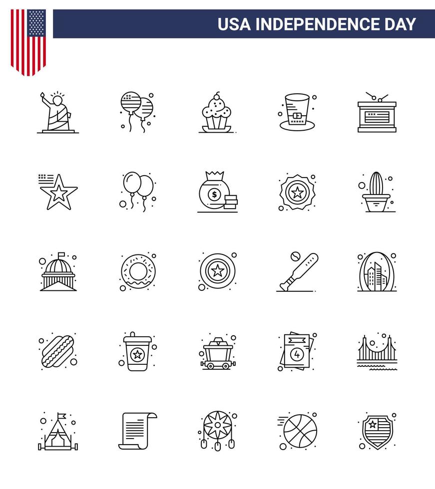 Set of 25 Vector Lines on 4th July USA Independence Day such as usa hat american day sweet Editable USA Day Vector Design Elements