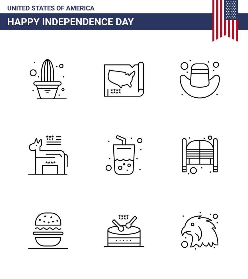 4 de julio estados unidos feliz día de la independencia icono símbolos grupo de 9 líneas modernas de vidrio de verano símbolo americano americano editable día de estados unidos elementos de diseño vectorial vector