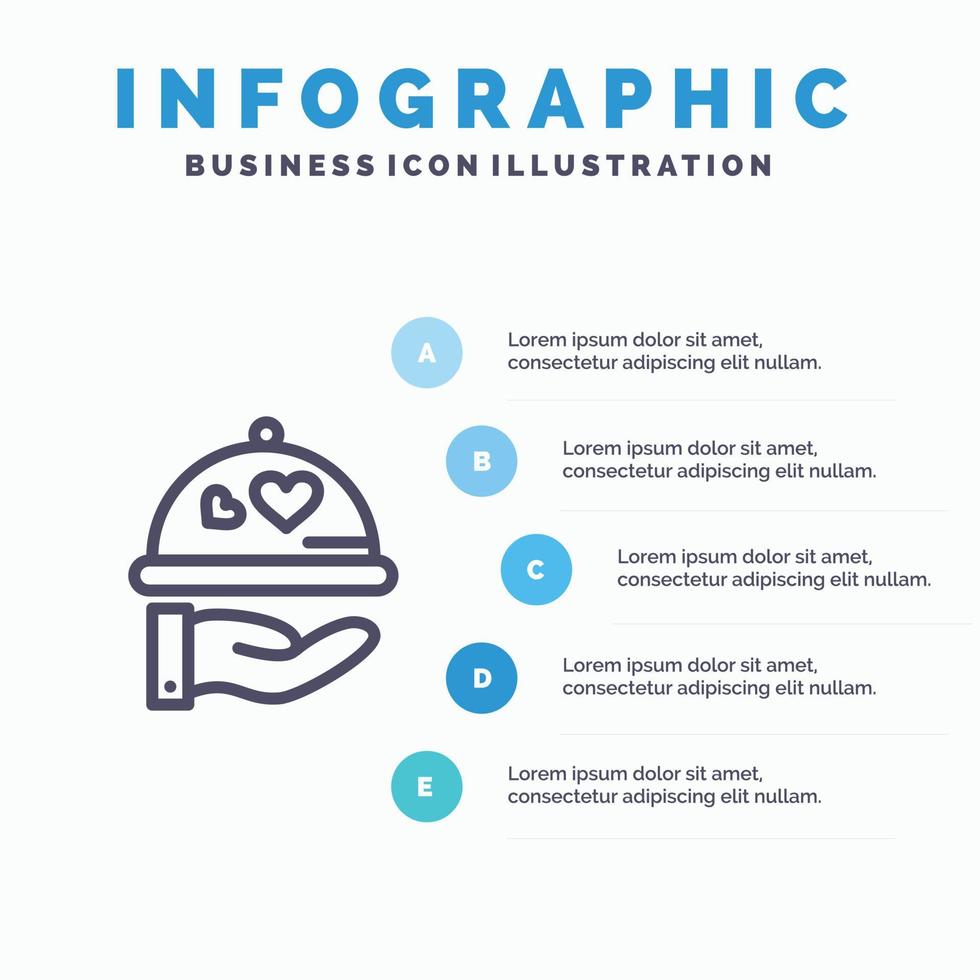 plato amor boda corazón línea icono con 5 pasos presentación infografía fondo vector