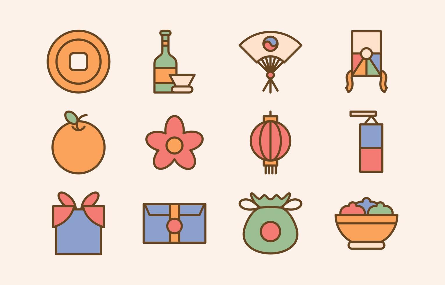 Seollal Korean New Year Flat Outline Icon Collection vector