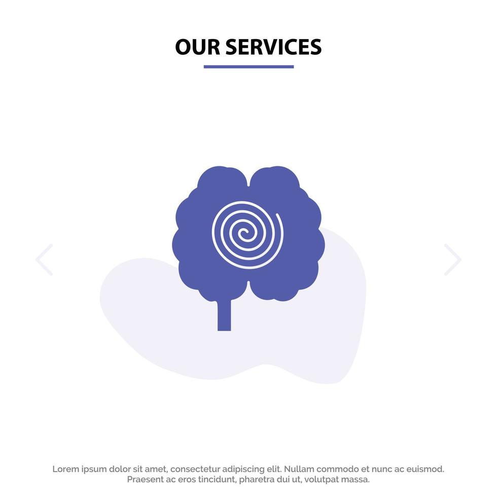 Our Services Brain Head Hypnosis Psychology Solid Glyph Icon Web card Template vector