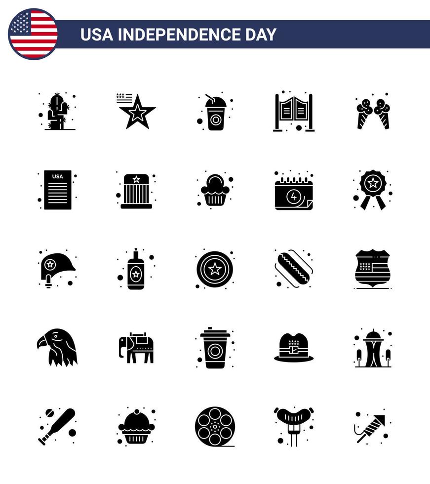 25 signos de glifo sólido para el día de la independencia de EE. UU. Puerta de salón de botella occidental de hielo elementos de diseño de vector de día de EE. UU. editables