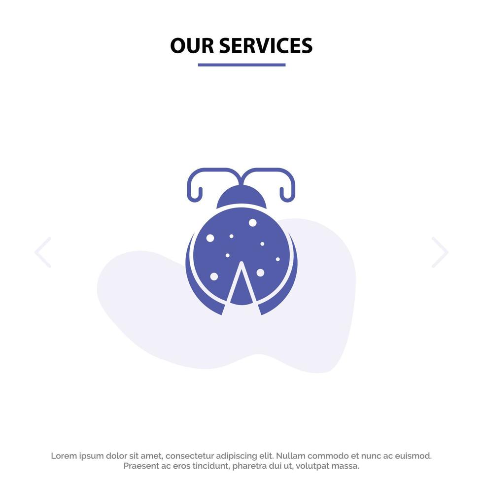 nuestros servicios escarabajo insecto mariquita mariquita icono de glifo sólido plantilla de tarjeta web vector