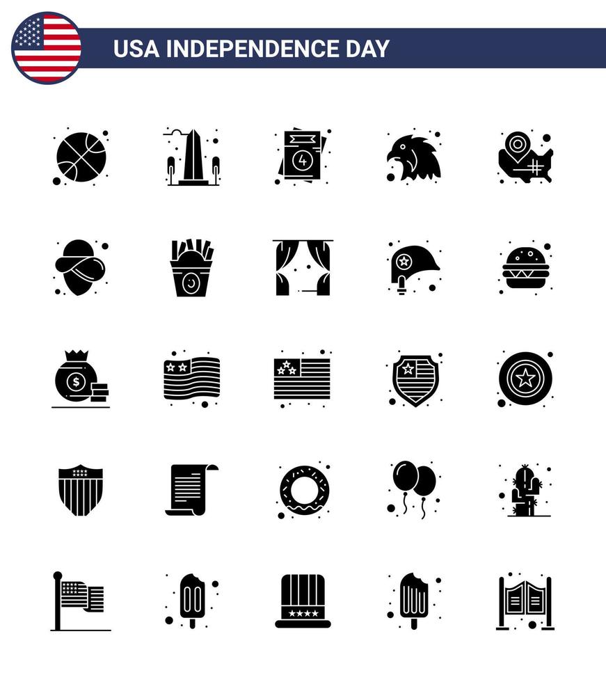 Set of 25 Modern Solid Glyph pack on USA Independence Day states eagle washington bird wedding Editable USA Day Vector Design Elements