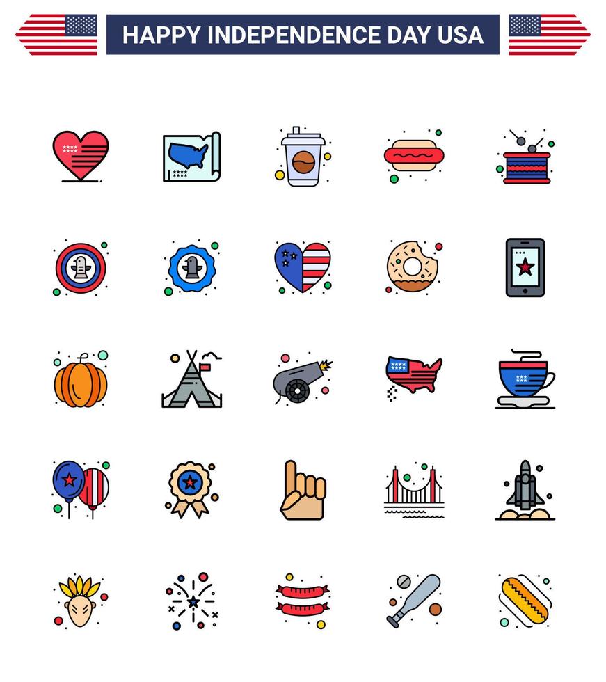 4 de julio estados unidos feliz día de la independencia icono símbolos grupo de 25 modernas líneas planas llenas de tambor caliente i botella comida hot dog elementos de diseño vectorial del día de estados unidos editables vector