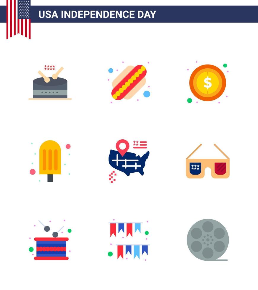 Pack of 9 creative USA Independence Day related Flats of sunglasses map money location food Editable USA Day Vector Design Elements