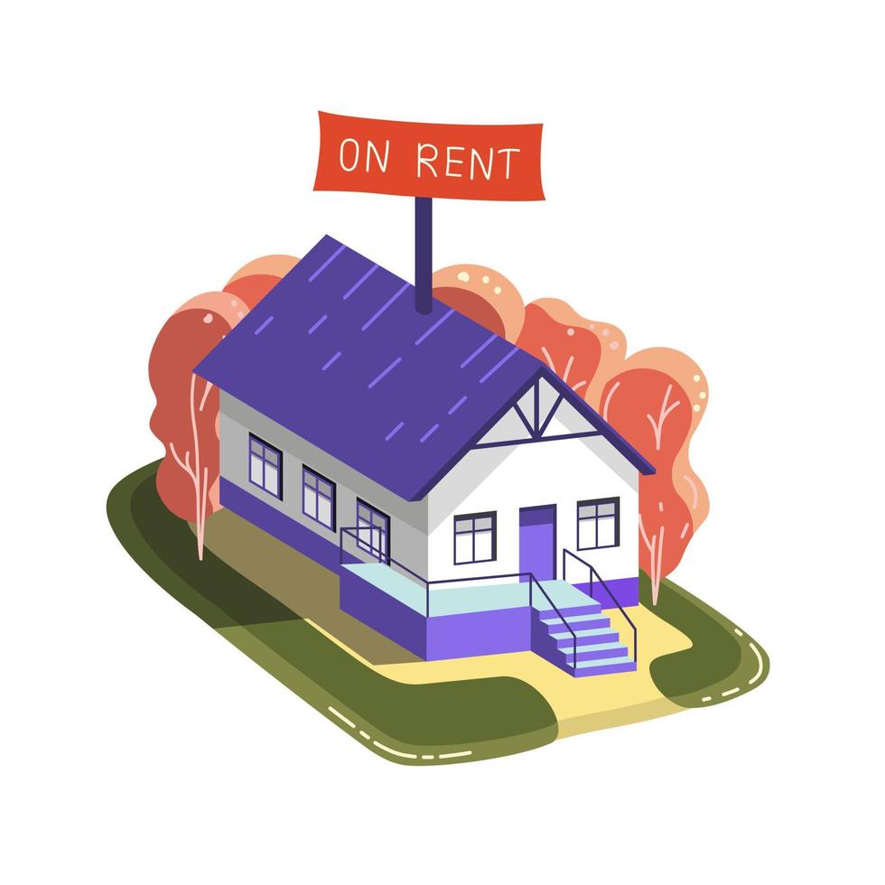 Country house for rent. Banner for estate agent website. Isometric home. Buying, selling a hut. vector