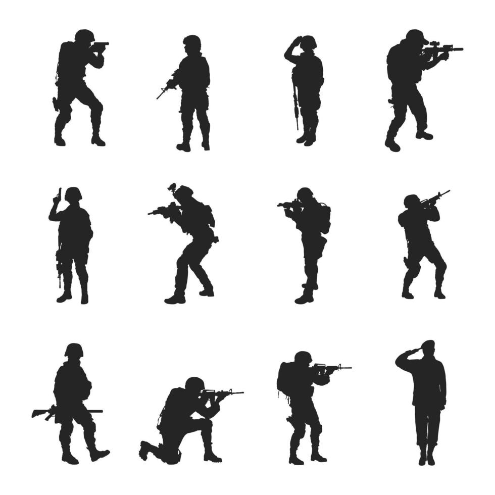 siluetas de soldado, conjunto de silueta de soldado militar. vector