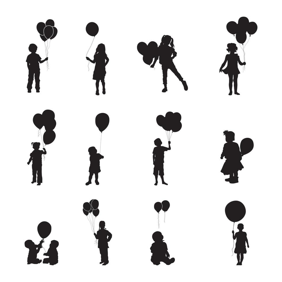 Child holdings balloons silhouettes, Kids holdings balloons silhouettes V02. vector