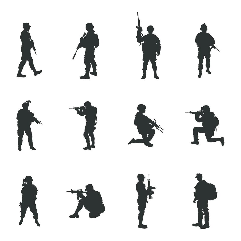 siluetas de soldado, conjunto de silueta de soldado militar-v02 vector