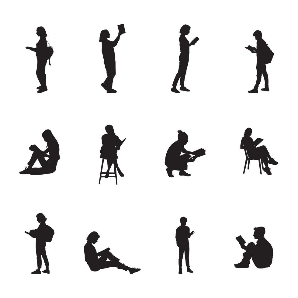 People reading books silhouettes vector