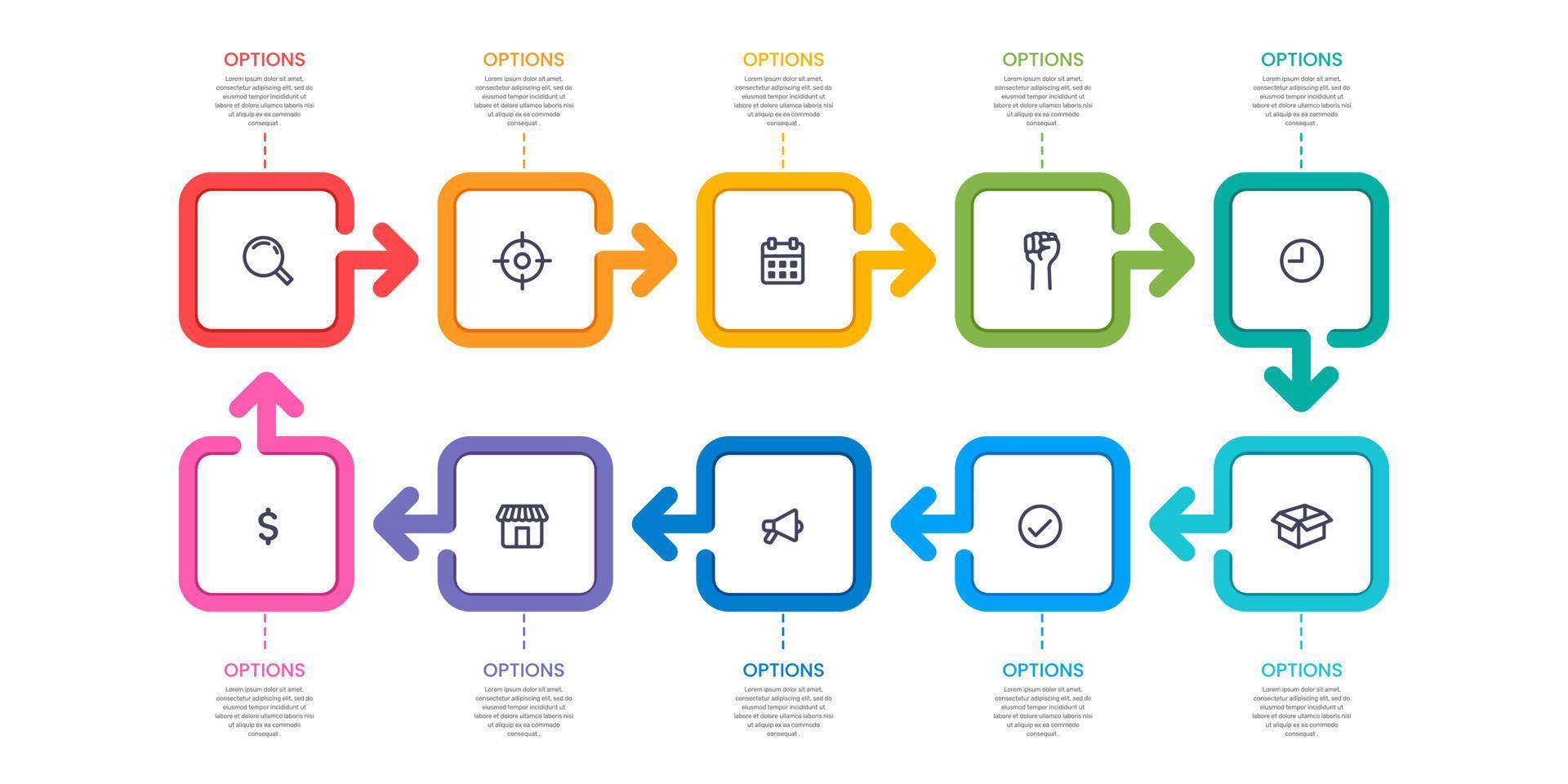 Infographic colorful 10 boxes. Business workflow process. vector