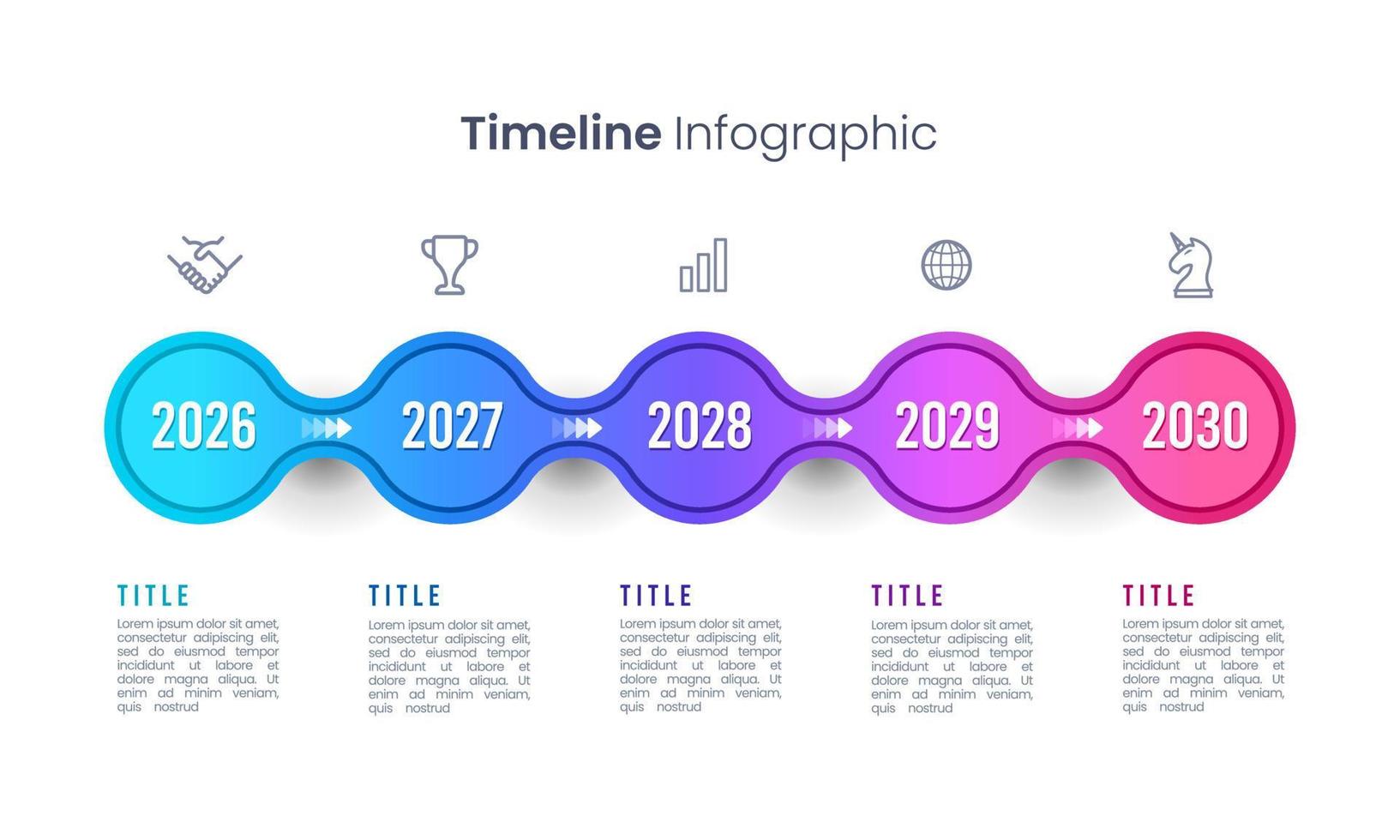 Horizontal timeline with 5 colorful circular elements. Company milestone. Vector illustration for brochure, banner, and annual report.