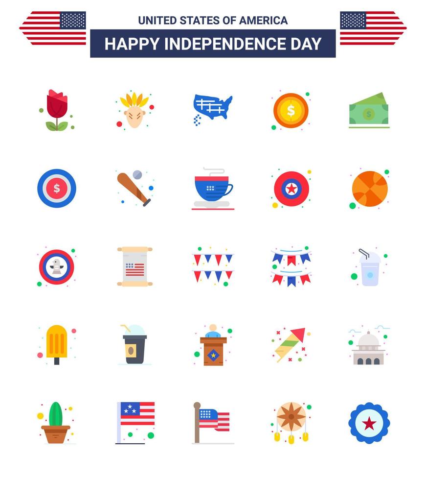 USA Happy Independence DayPictogram Set of 25 Simple Flats of amearican dollar states sign money Editable USA Day Vector Design Elements