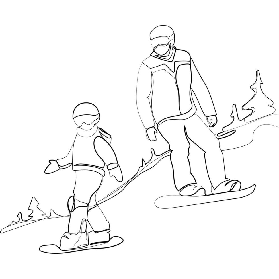 hombre snowboarder con un niño montando en la ladera de una montaña en tablas de snowboard dibujo lineal simple ilustración vectorial.padre e hijo montan en las montañas.vacaciones de invierno,deportes extremos vector