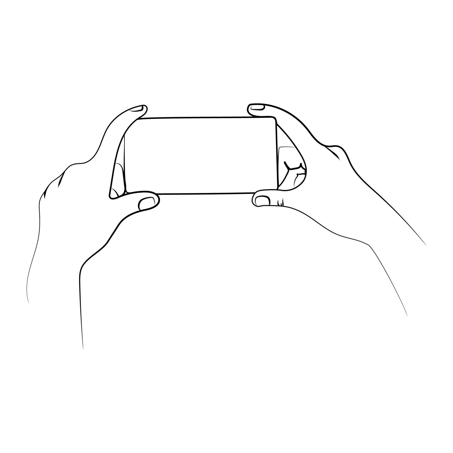 Hands hold phone or smartphone with blank screen sketch drawing in