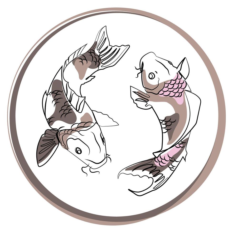 Modern Koi Fish logo,emblem template design.Vector illustration. Creative Japanese Asian Carp line icon.Two Goldfish in a round frame brand symbol.Modern minimal art drawing of koi carp vector