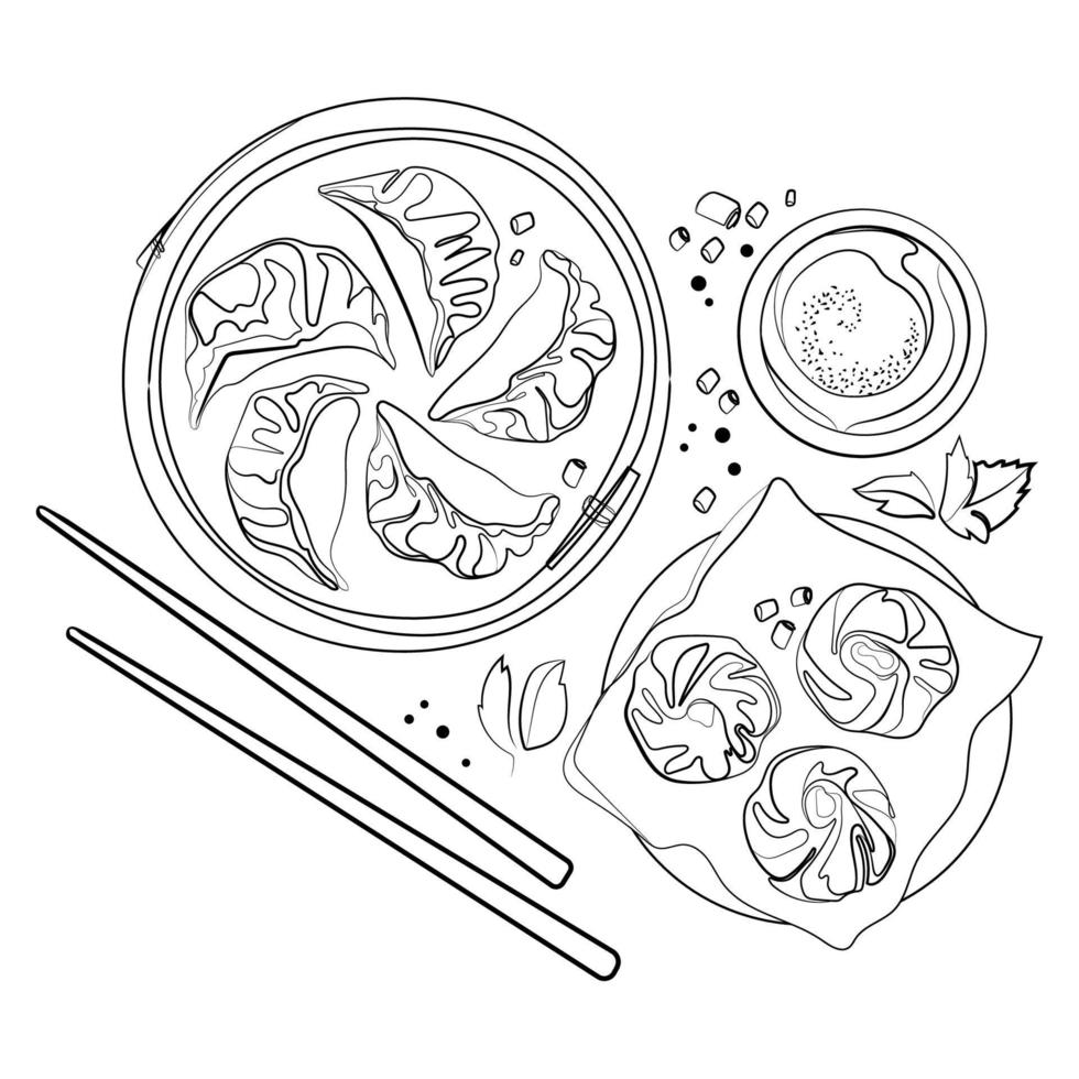 Asian food Dim Sum and Gyoza in bamboo steamer with chopsticks vector sketch illustration Top