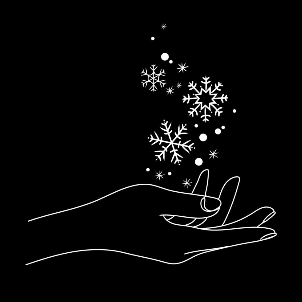 copos de nieve en un dibujo de arte de línea de mano femenina en una ilustración de vector de fondo negro. copos de nieve caen en el dibujo de boceto de palma. elemento de diseño de decoración de invierno. concepto de año nuevo y navidad