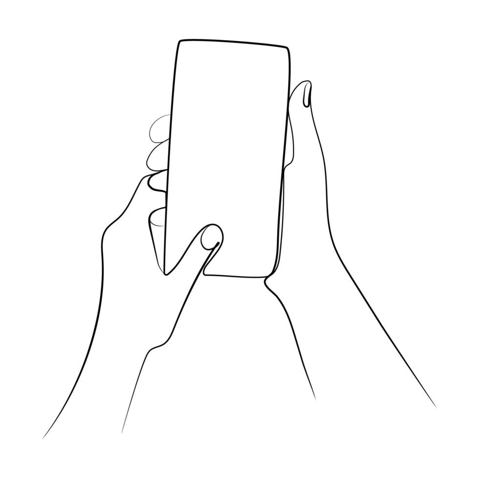 Hands using smartphone continuous line drawing vector illustration. Hand holding a modern smartphone and pointing with finger isolated minimal art design