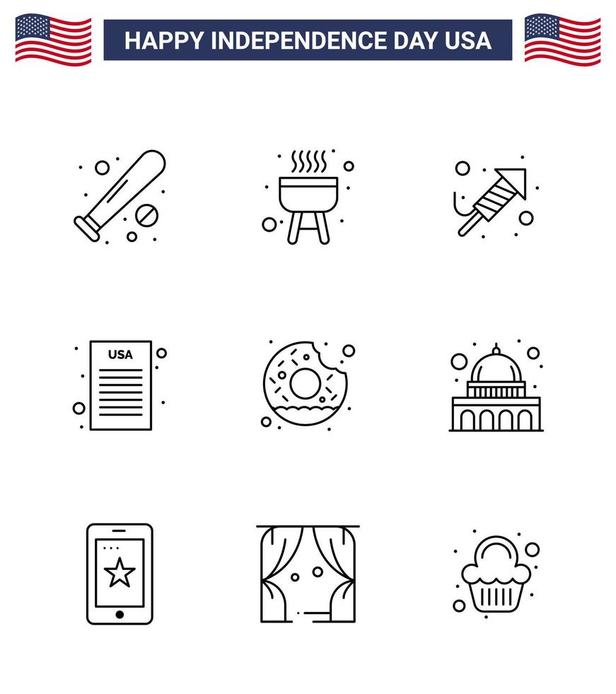 Pack of 9 USA Independence Day Celebration Lines Signs and 4th July Symbols such as yummy donut fire work democratic declaration Editable USA Day Vector Design Elements