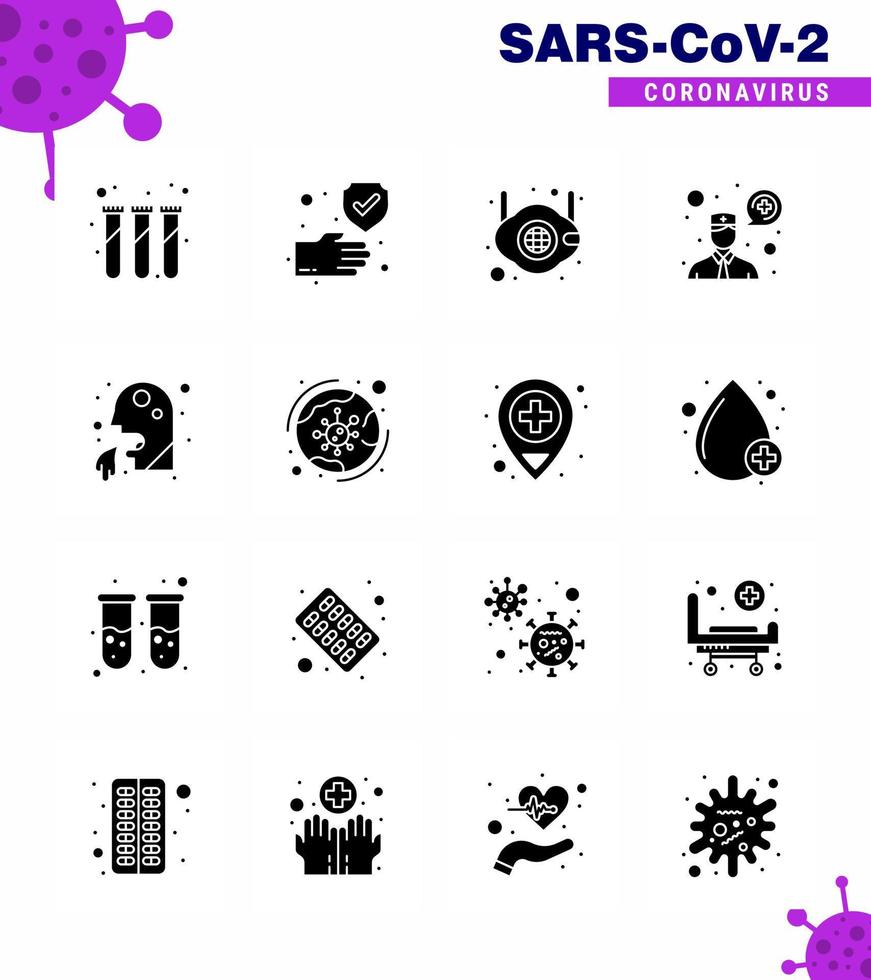 CORONAVIRUS 16 Solid Glyph Black Icon set on the theme of Corona epidemic contains icons such as cough communication face consultation n viral coronavirus 2019nov disease Vector Design Elements