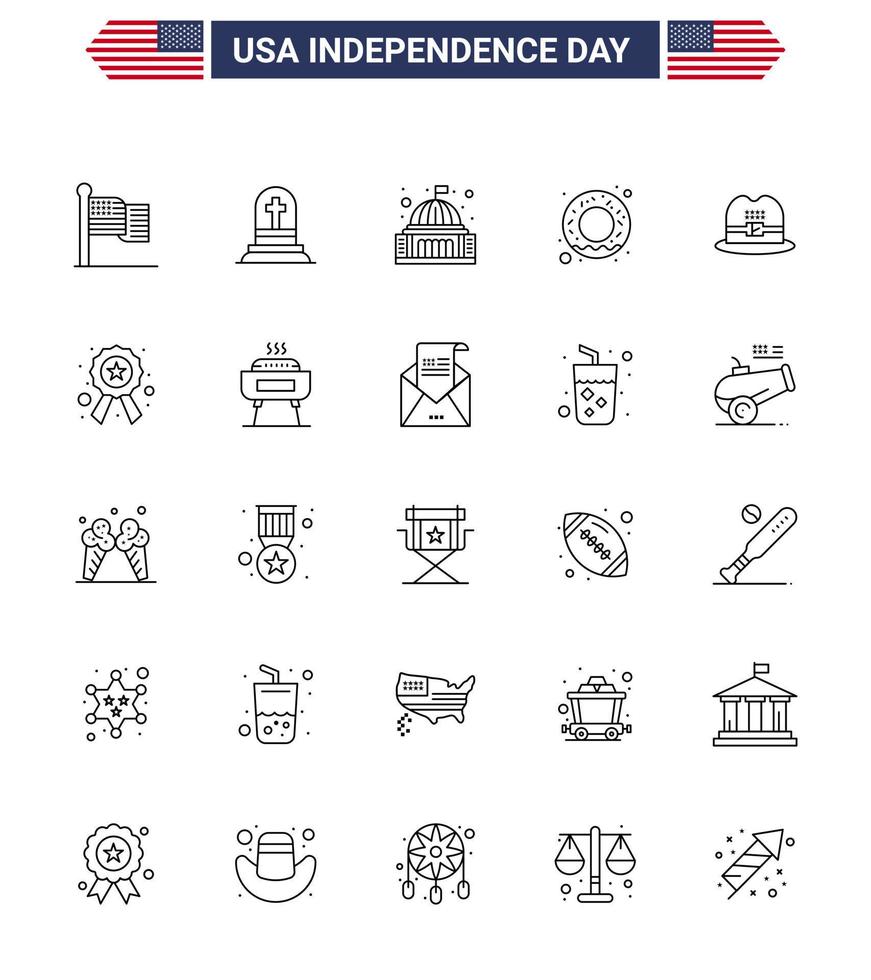 Stock Vector Icon Pack of American Day 25 Line Signs and Symbols for cap nutrition place food white Editable USA Day Vector Design Elements