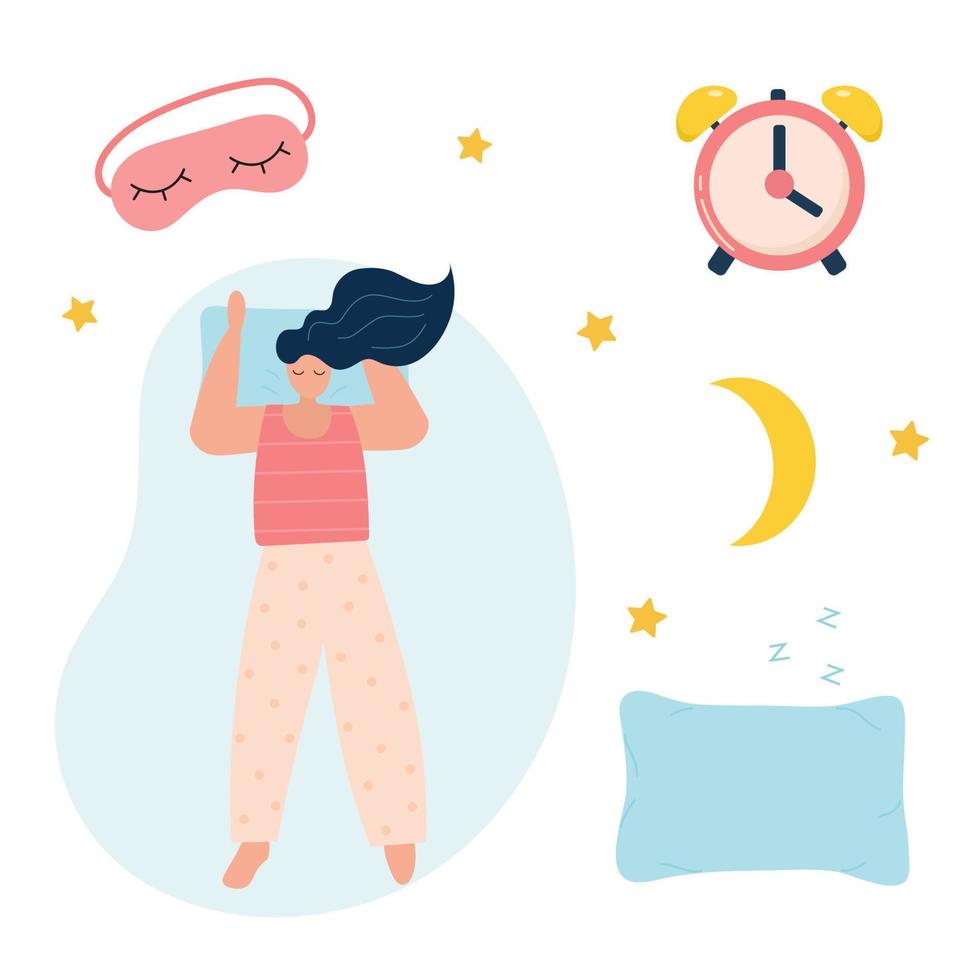 Set of young woman sleeps, sleep mask, alarm clock, moon and stars. Vector illustration. Advert of mattress or pillow. Design template with pose of sleeping for flyer, layout. Sweet dreams