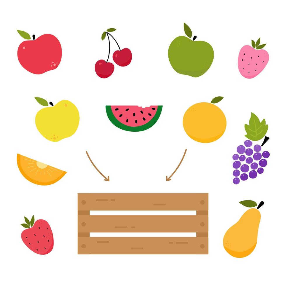 Wooden box with fruits. Constructor. Assemble it yourself. Fresh fruits buying. Farmers market. Shopping for organic products. Eco concept. Flat vector illustration