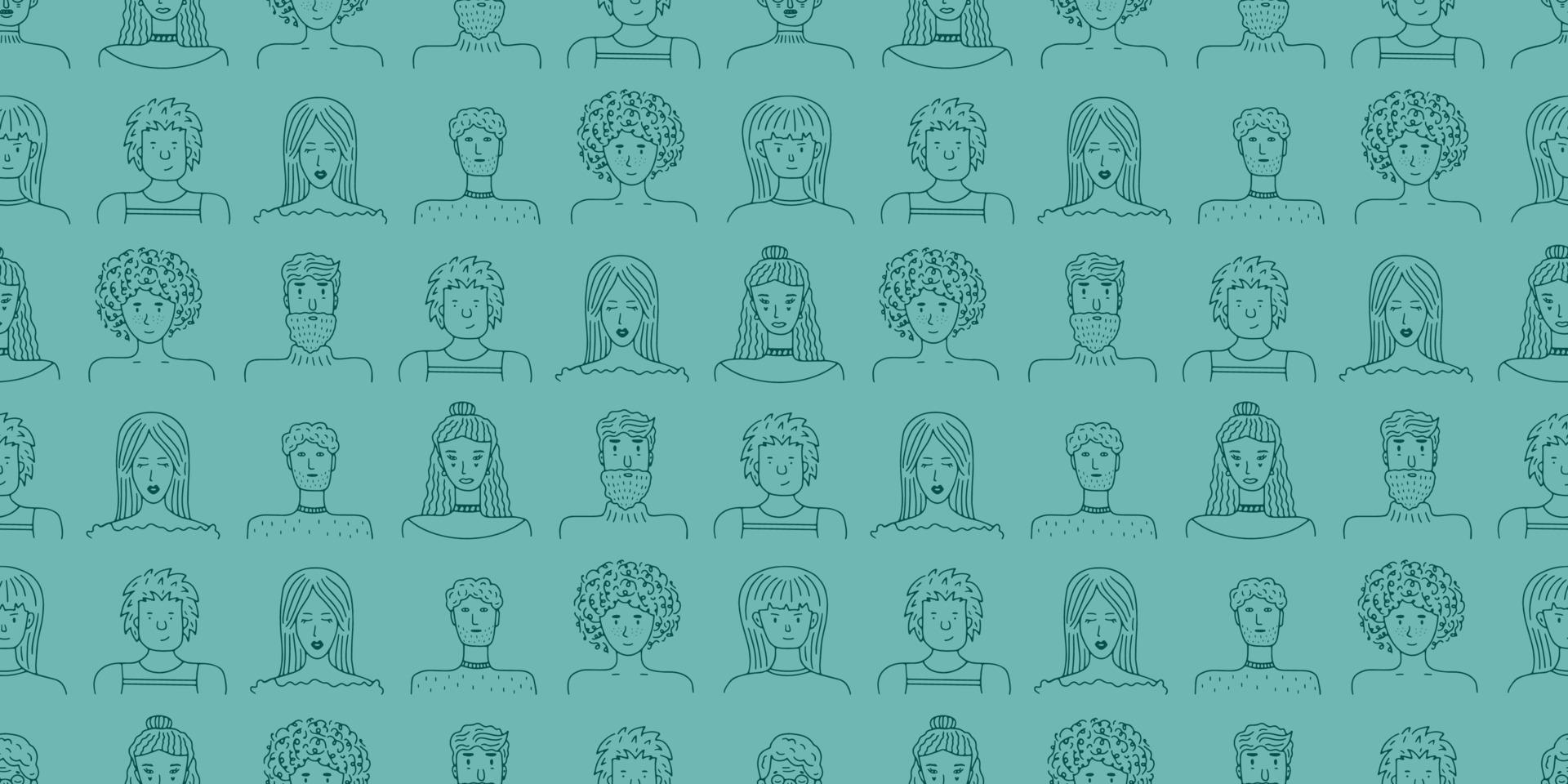 Trendy pattern of people portraits for banner, social media, website, textile, wrapping paper. Doodle portraits fashionable girls and guys. Hand drawn face pattern. Background, vector illustration
