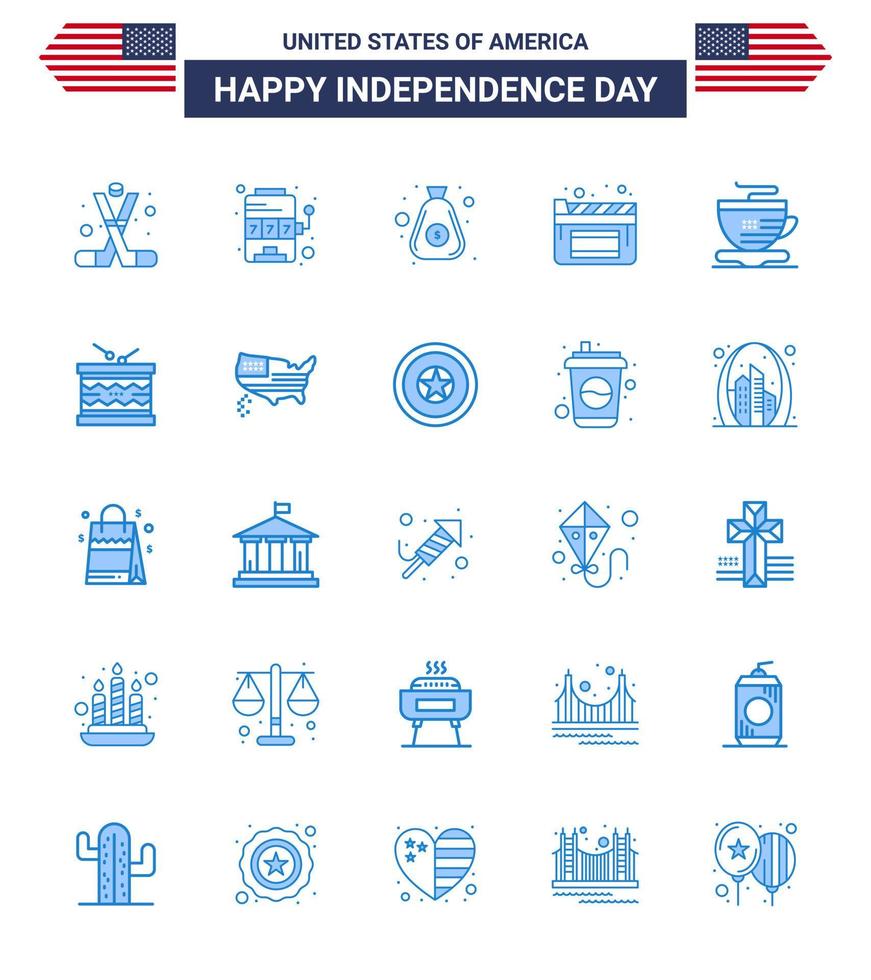 Editable Vector Blue Pack of USA Day 25 Simple Blues of cup film game movies cash Editable USA Day Vector Design Elements