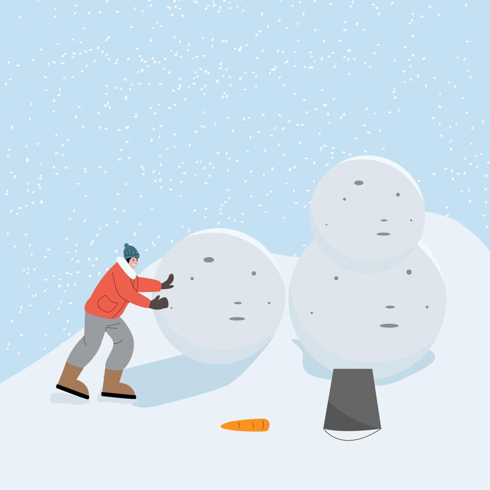 Man making snowman with carrot. Human playing outdoors on winter holidays. Man having fun in wintertime. Flat vector illustration isolated on white background