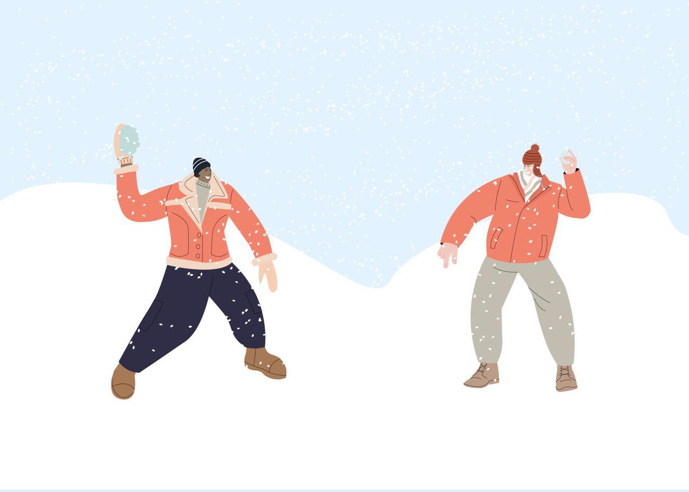 pareja de personas juegan bolas de nieve juego divertido en la ilustración de vector de paisaje de nieve de invierno. personajes de amigos de dibujos animados jugando al aire libre, disfrutando del clima helado. concepto de actividad saludable de invierno