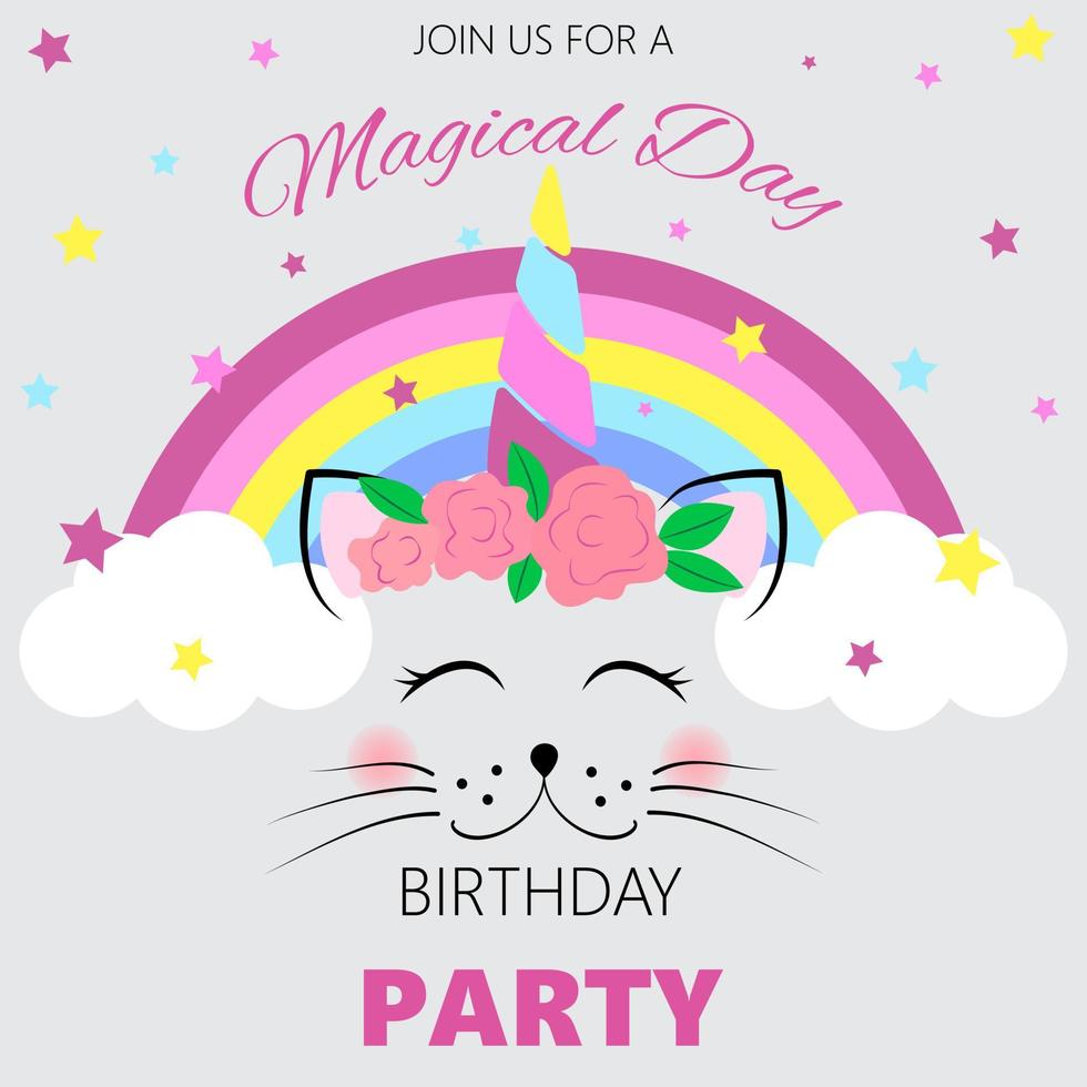 Birthday invitation with a unicorn cat in a wreath. Children's birthday invitation template. Cute unicorn cat. Vector illustration