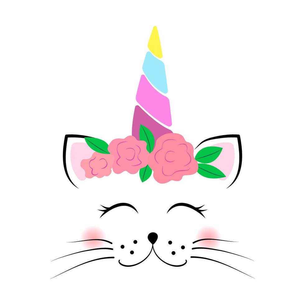 linda cara de gato unicornio con flores y cuerno de arco iris. Ilustración de vector de bebé aislado sobre fondo blanco