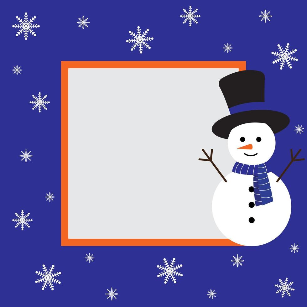Cute Christmas frame with space for text or photo. Festive frame with a snowman. Vector illustration