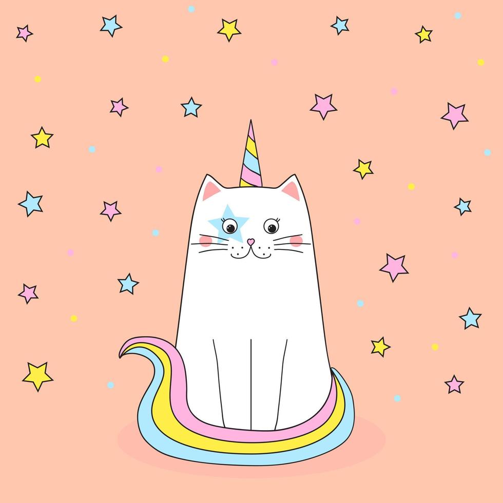 Cute unicorn cat with rainbow horn and tail. Design for postcard, banner. Vector illustration in doodle style