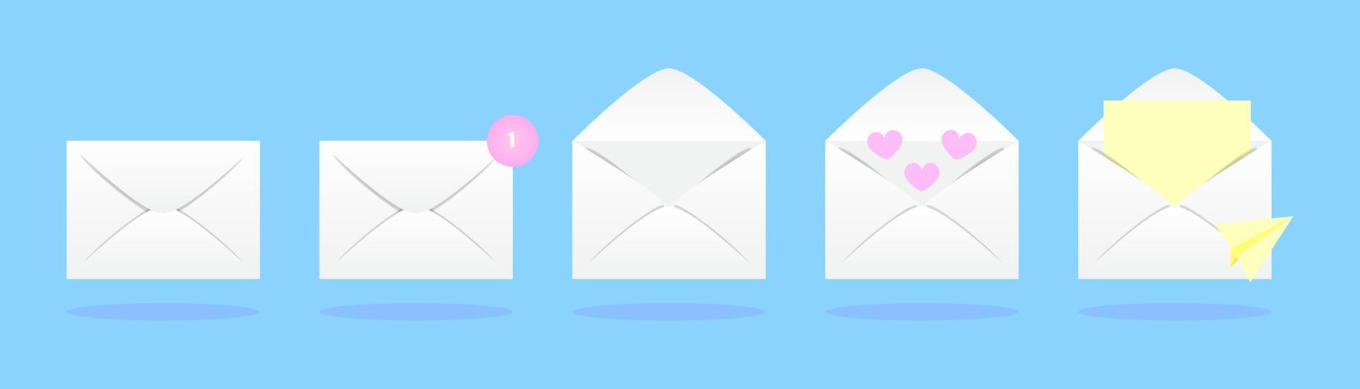 New message icon. Realistic envelope. Email notification with letters, hearts and paper airplane. Love letter. Valentine's day vector illustration