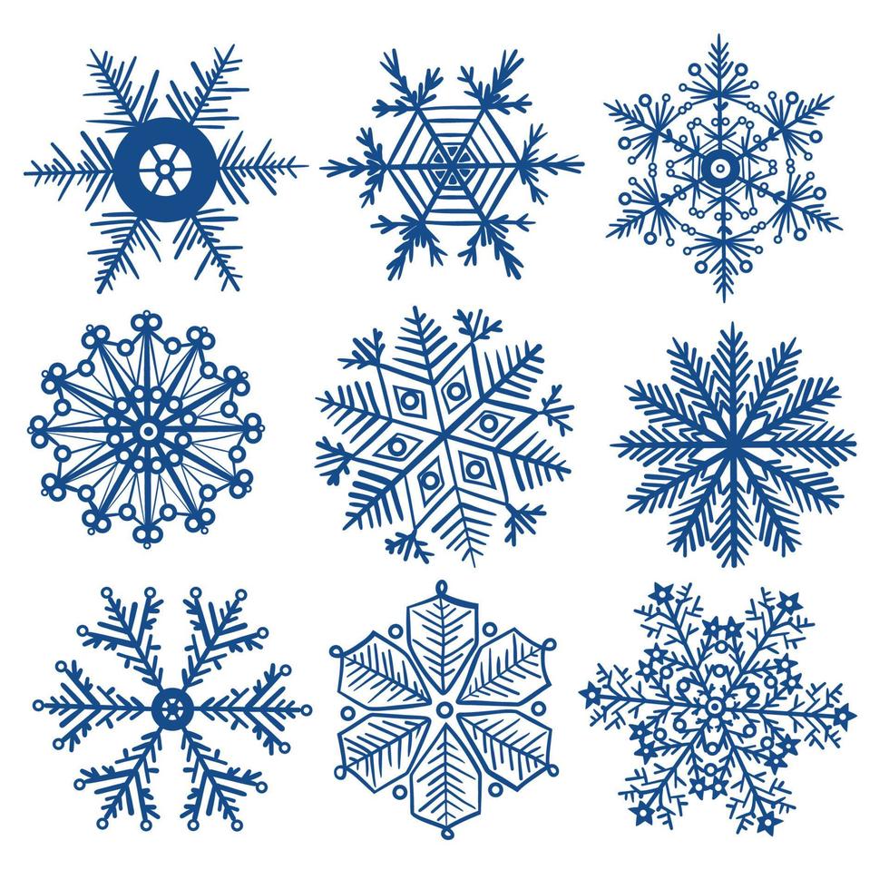 conjunto de copos de nieve de invierno feliz navidad vector
