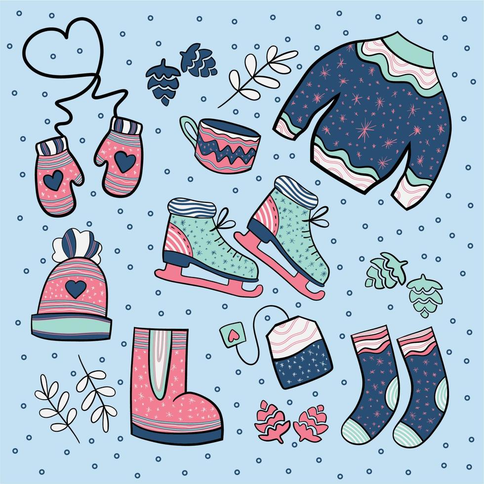 colección de ilustraciones navideñas vectoriales con lindo, suéter, calcetines, patines, sombrero y mitones. año nuevo dibujado a mano, elementos navideños. vector