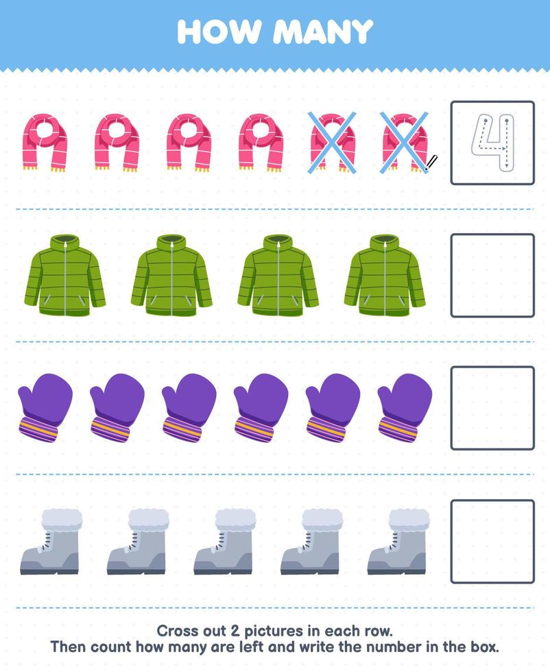 Education game for children count how many cute cartoon scarf coat mitten boot and write the number in the box printable winter worksheet vector